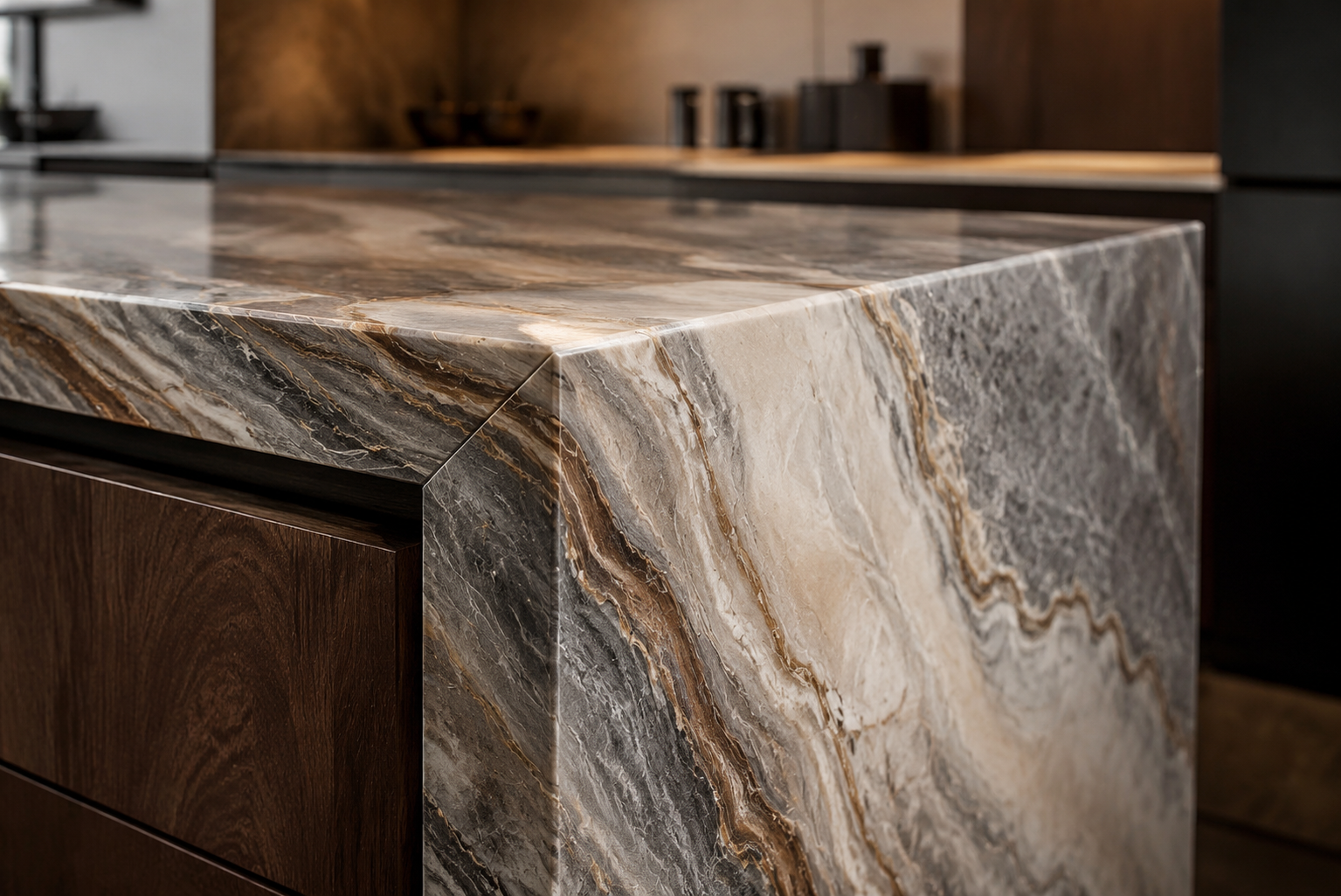 Close view of a richly veined natural stone edge and polished surface