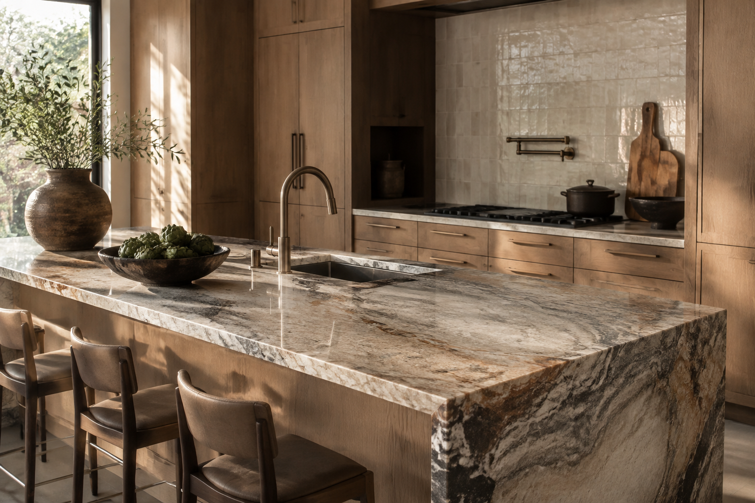 Warm wood kitchen with an expressive natural stone island