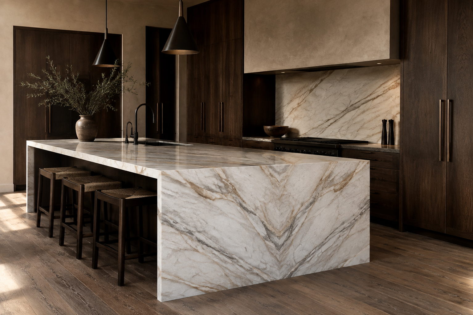 Luxury kitchen centered on a dramatic veined stone waterfall island
