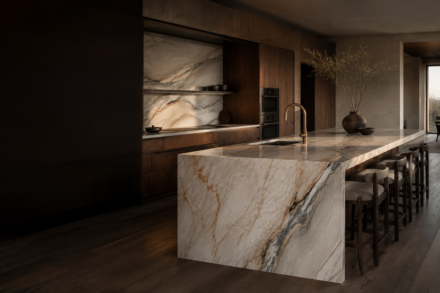 Luxury kitchen with a dramatic veined quartzite waterfall island and dark walnut cabinetry